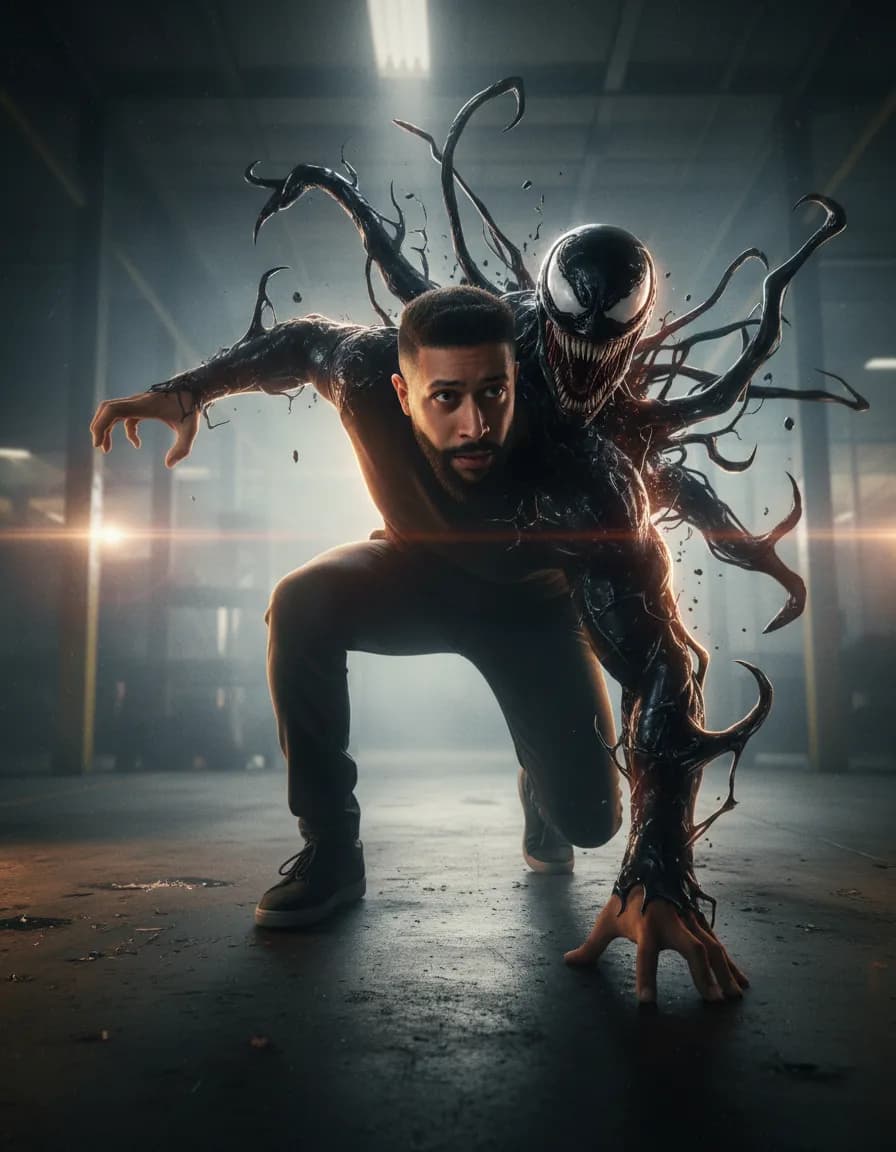 Ultra-Realistic Cinematic Symbiote Action Scene – MJ Face Reference Template