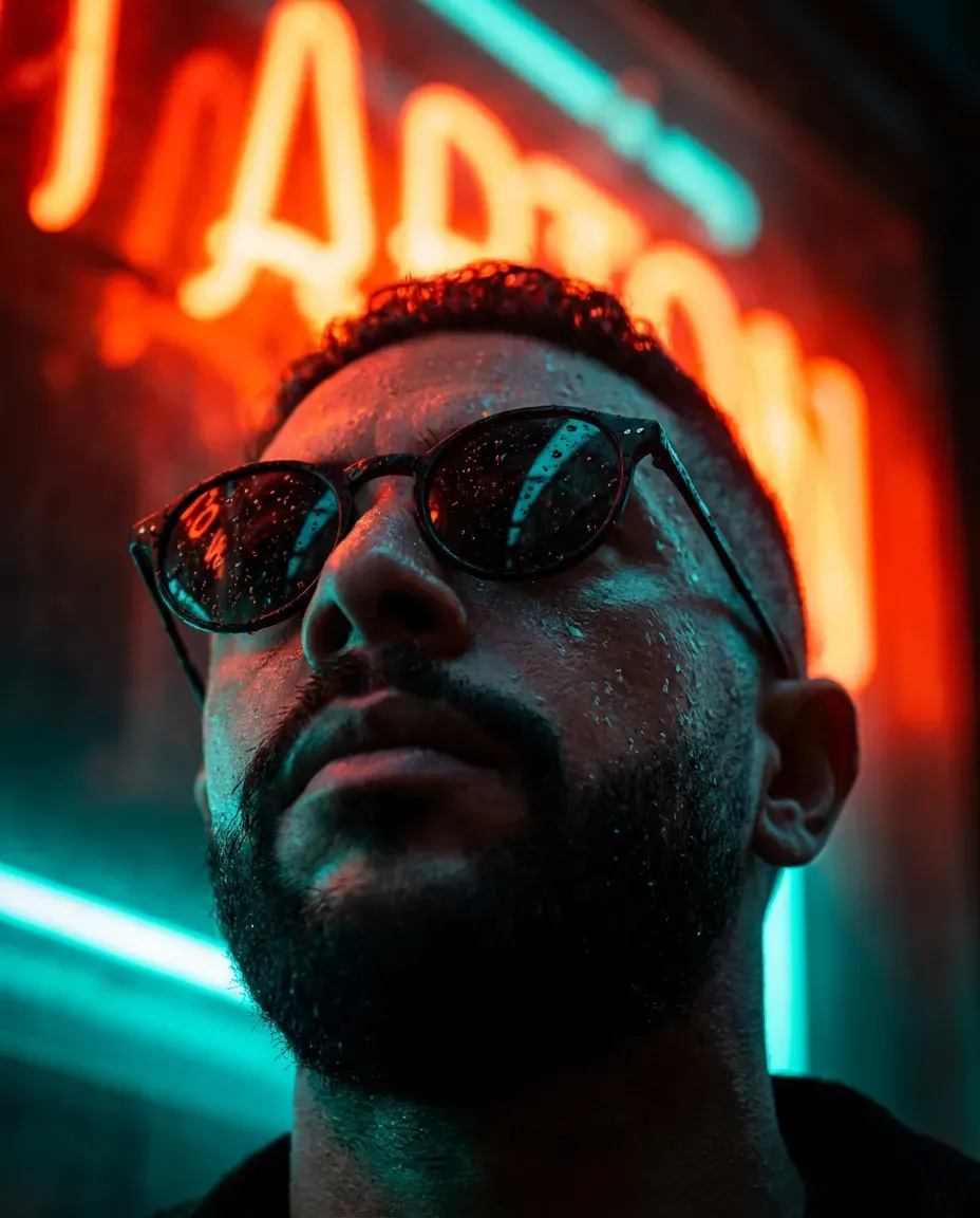 Cinematic Neon Portrait with Wet-Glass Sunglasses