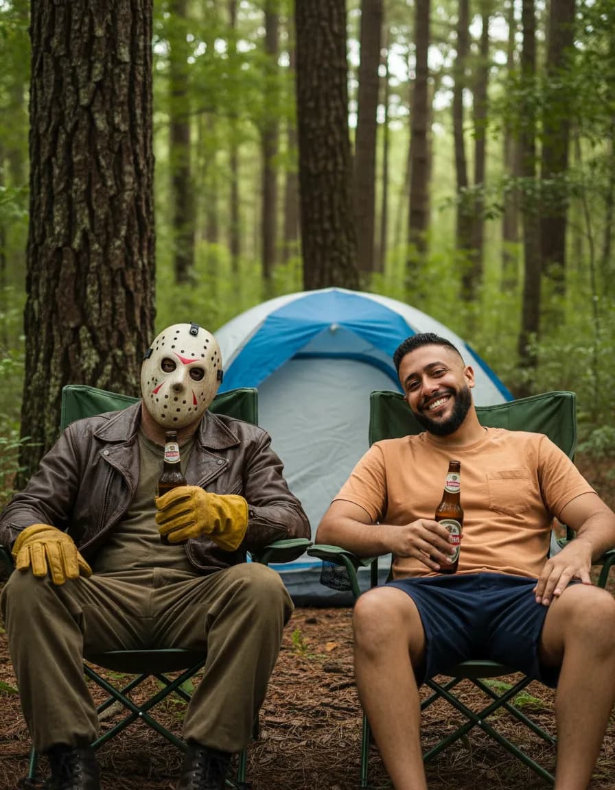 Cinematic Camp Scene with Slasher Character in Forest