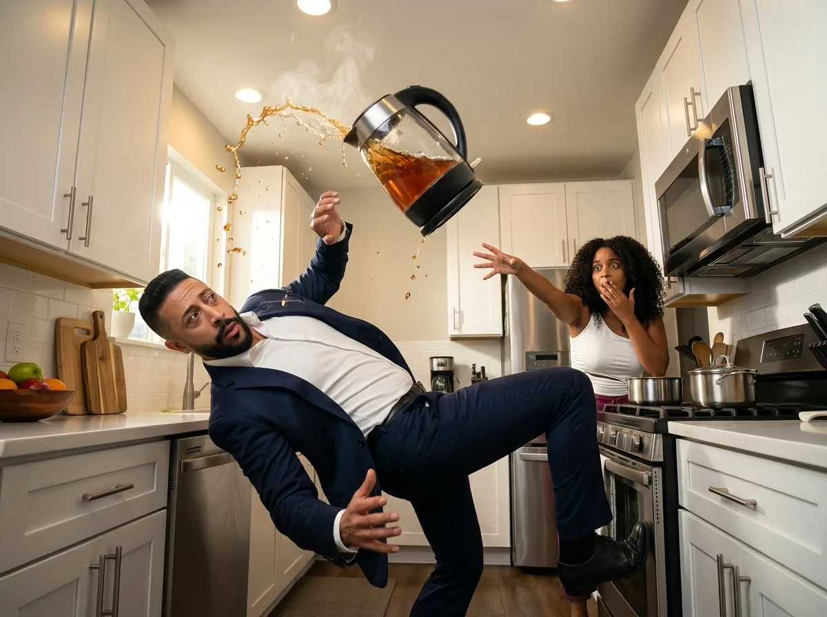 Surreal Comedic Kitchen Scene with Tea Splash