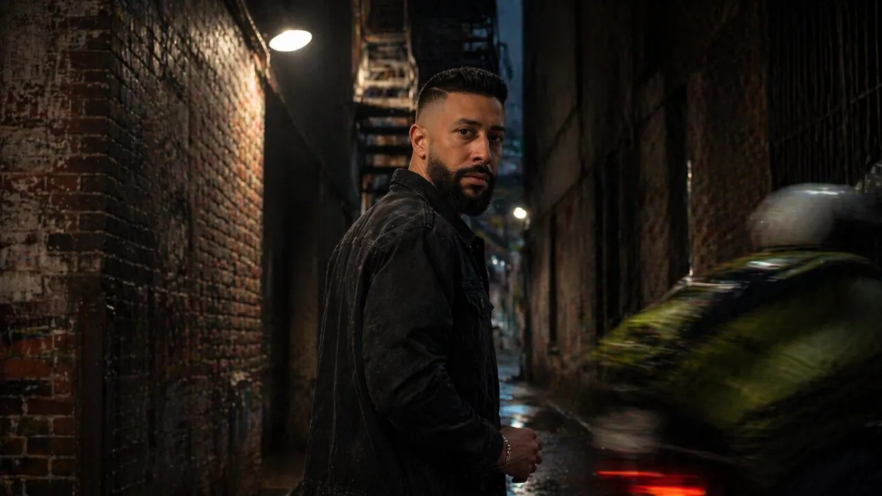 Noir Urban Portrait in Narrow Alley, Cinematic Analog Grain