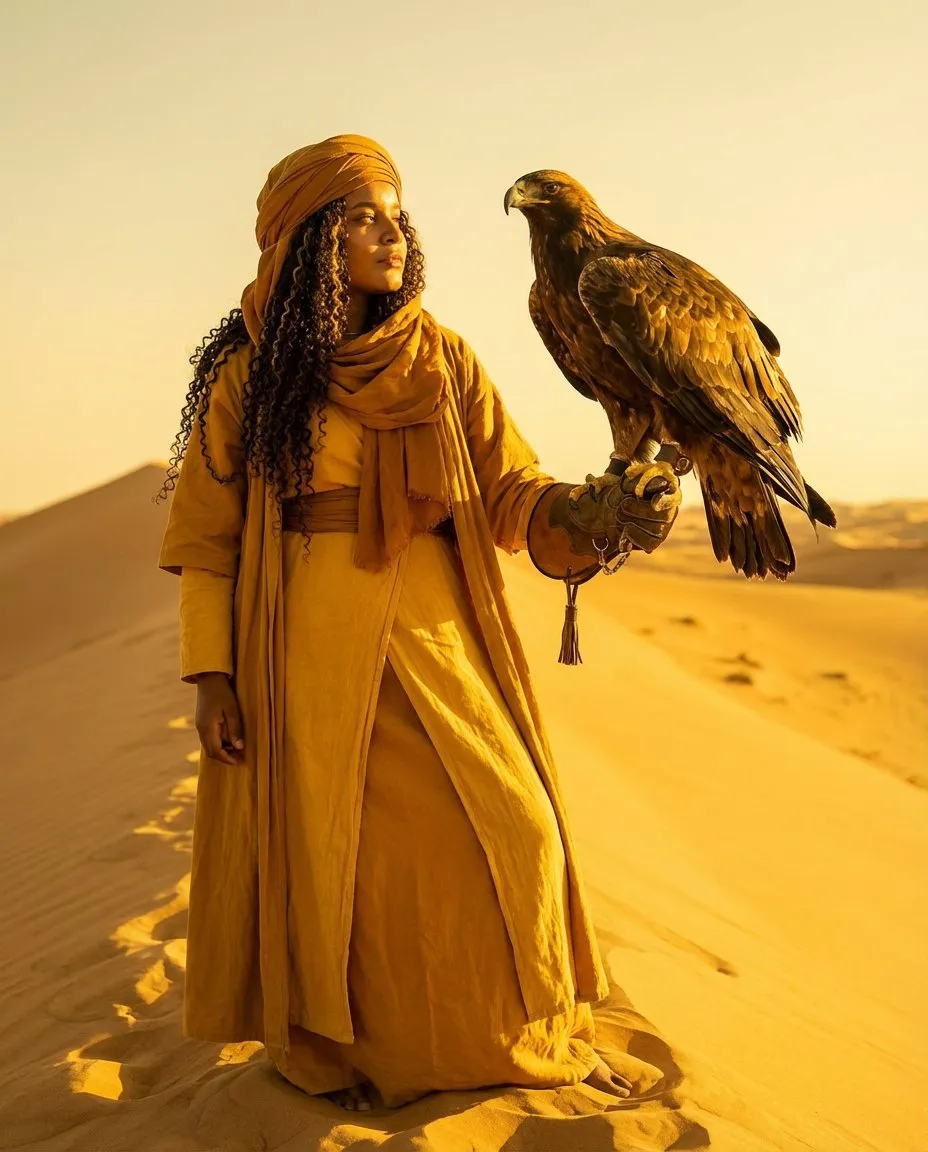 Epic Cinematic Desert Portrait with Eagle at Golden Hour
