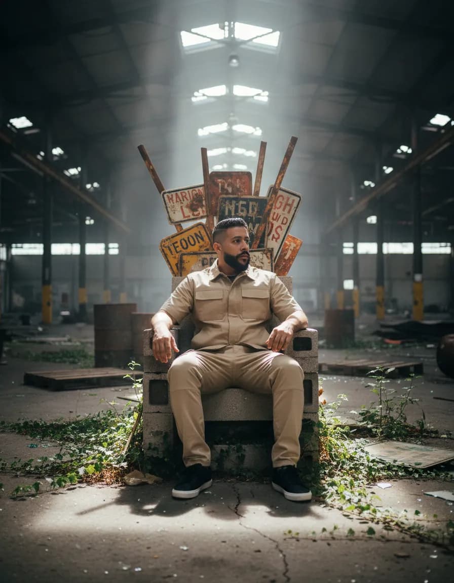 Cinematic Post-Industrial Throne Portrait – Urban Power Editorial