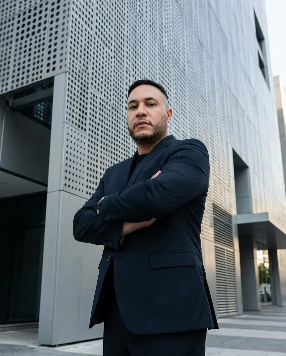 Low-Angle Corporate Portrait with Modern Architectural Facade