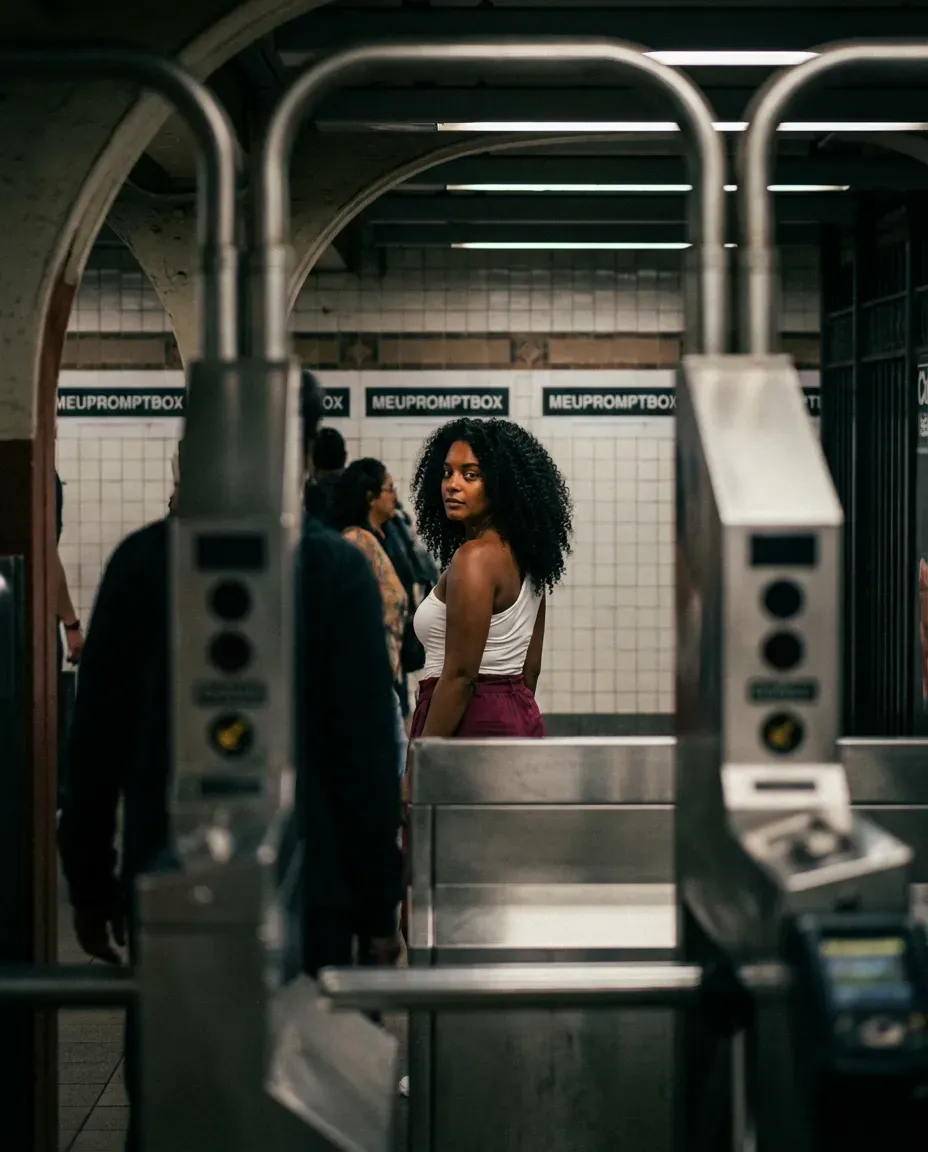 Cinematic Vertical Subway Portrait with Foreground Bokeh