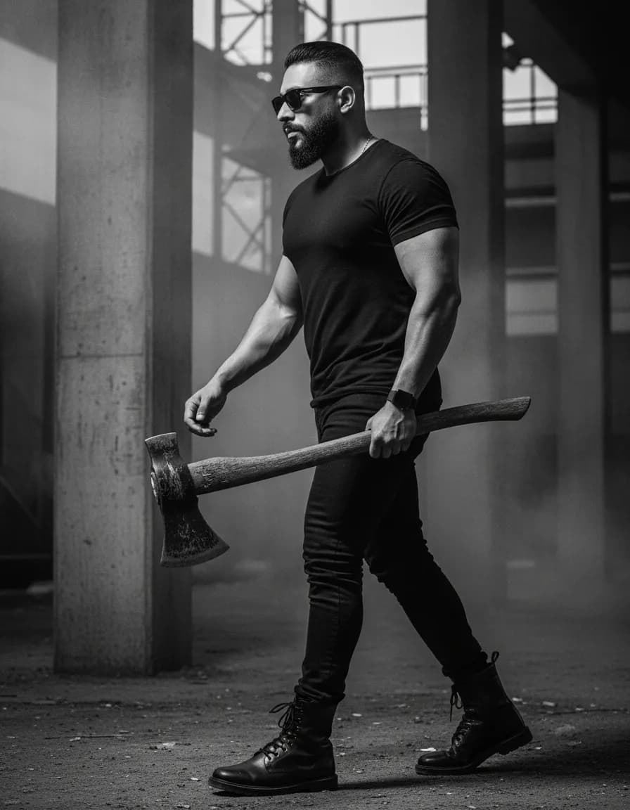 Cinematic Black-and-White Portrait of a Muscular Man with an Axe