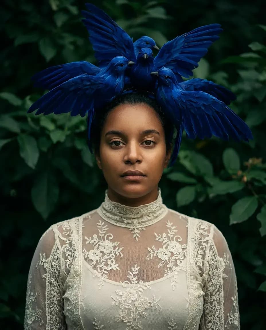 Cinematic Fine-Art Portrait with Cobalt Bird Headpiece