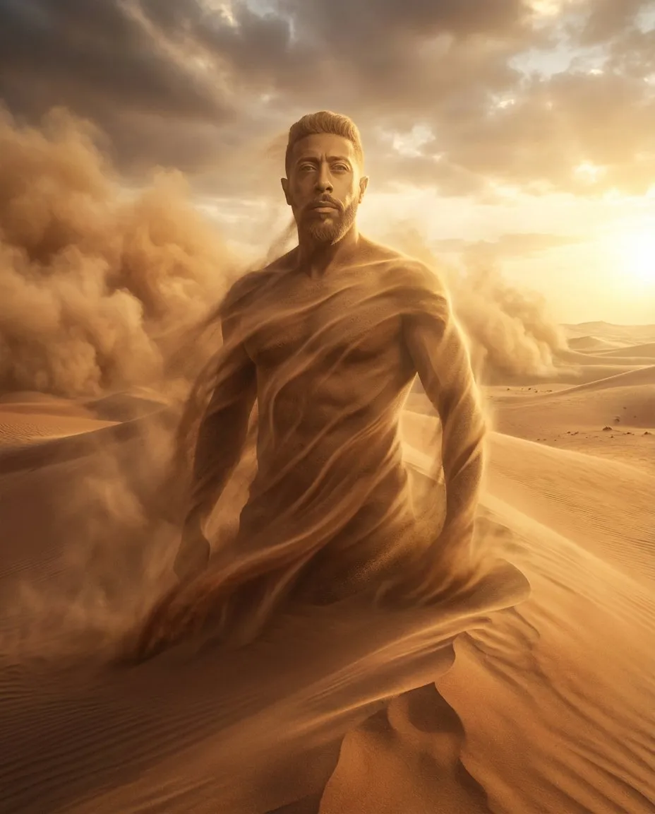 Cinematic Desert Dune Forming Human Silhouette Concept Art