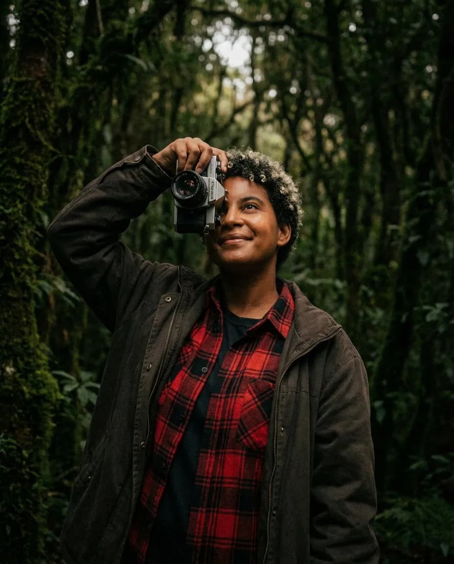 Moody 90s Soft-Lit Forest Portrait with Dutch Angle, Film Grain