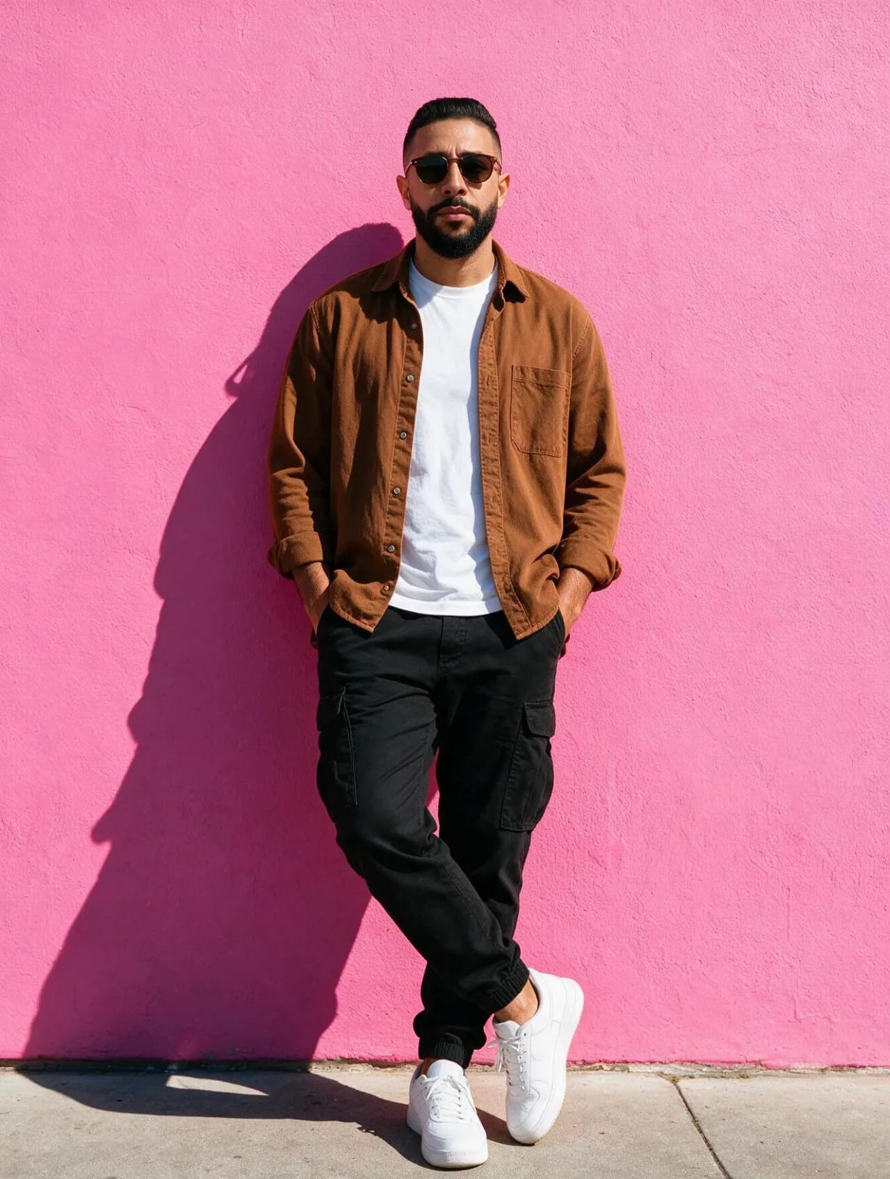 Cinematic Full-Body Fashion Portrait Against Hot-Pink Wall