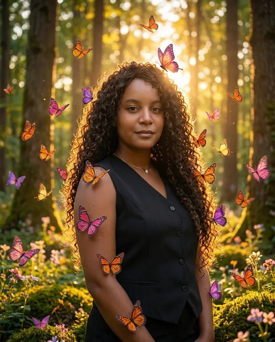Cinematic Photorealistic Golden Hour Portrait with Butterflies