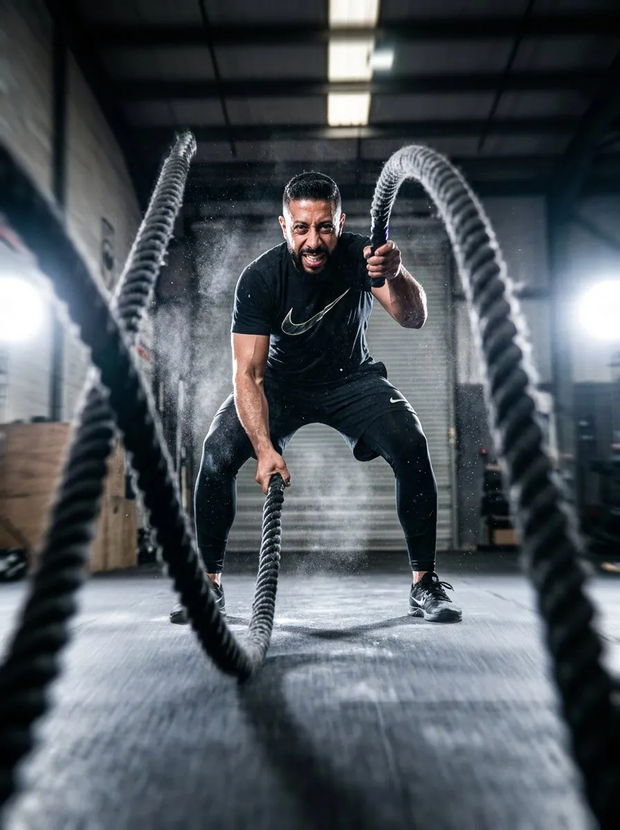 Cinematic Low-Angle Battle Rope Sports Advertising Photography