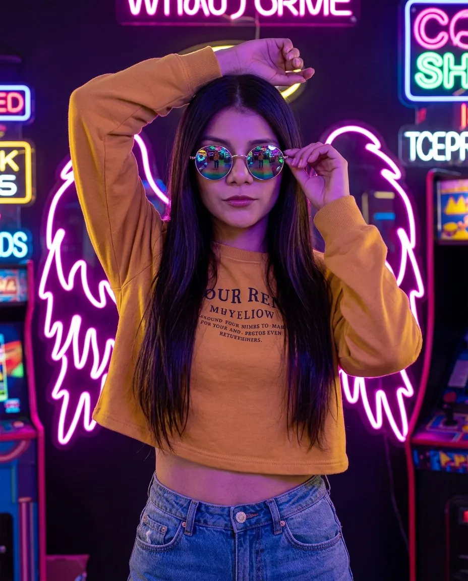 Neon Arcade Fashion Portrait with Y2K Pop Multicolor Lighting