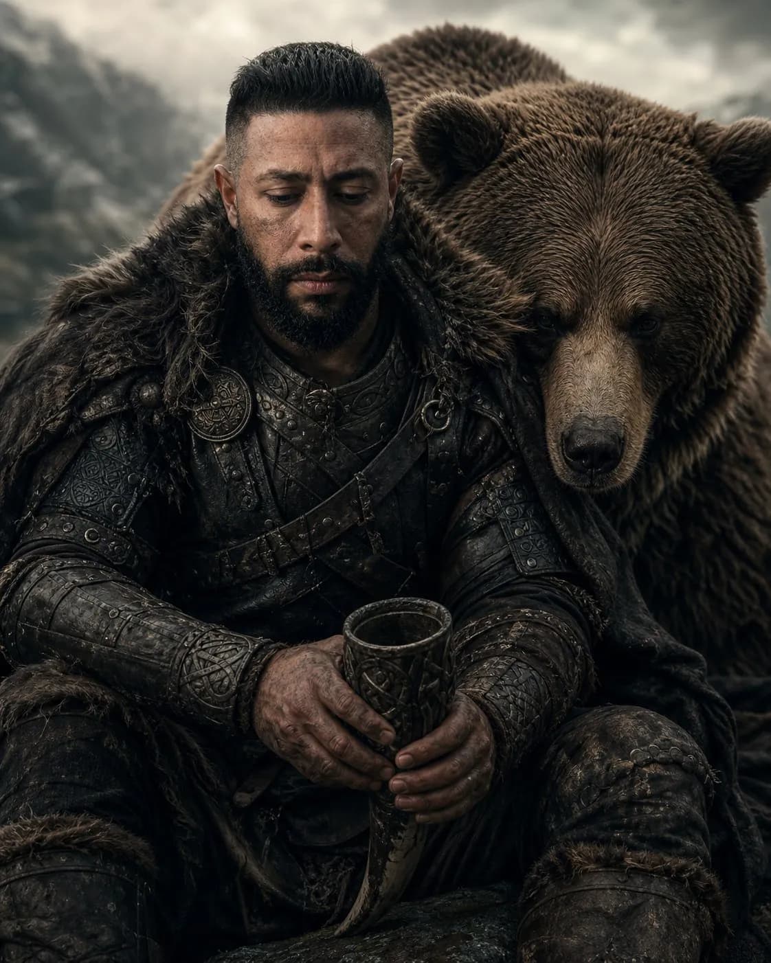 Cinematic Nordic Warrior Portrait with Protective Bear, Hyperreal