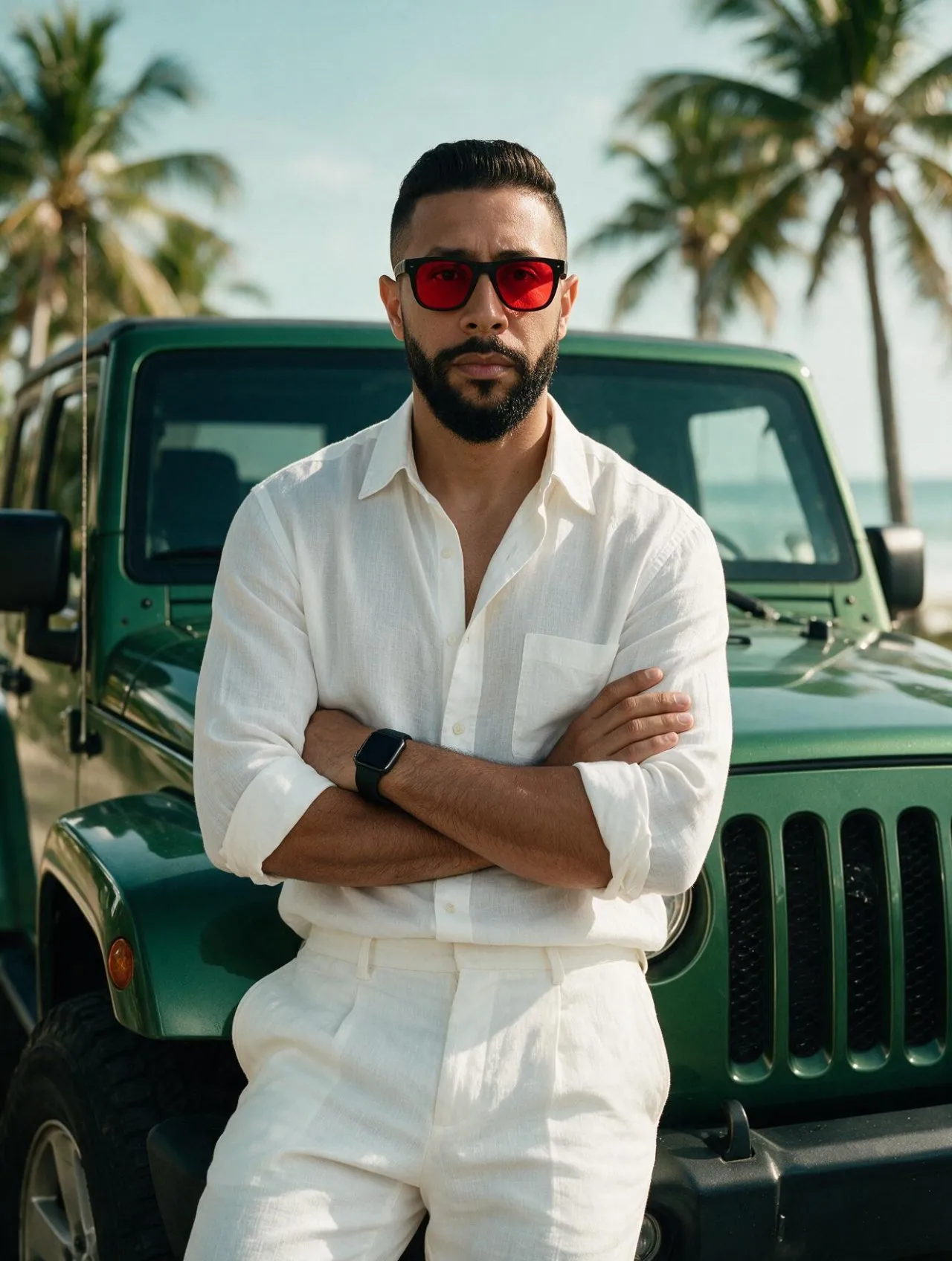 Ultra-Realistic Fashion Editorial Portrait in Tropical Coastal Light