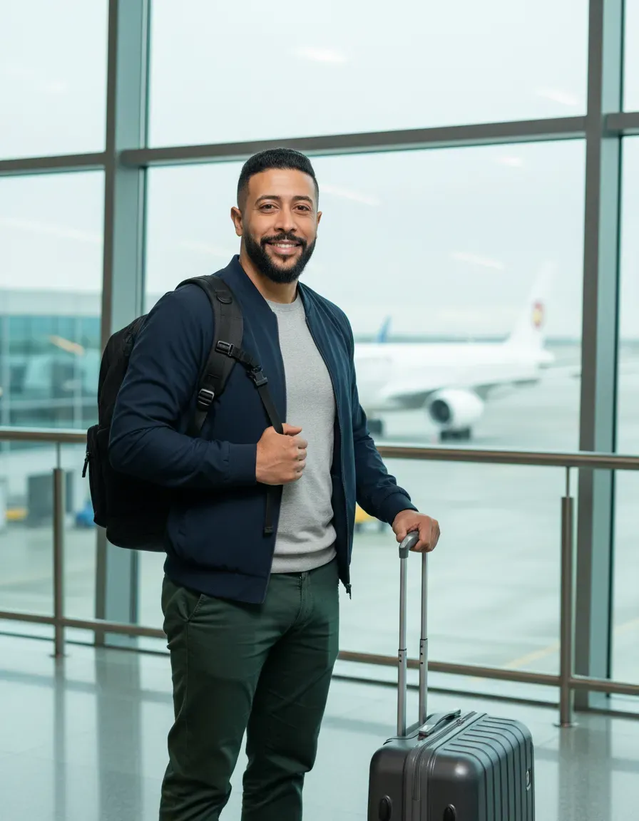 Photorealistic Travel Portrait of Man in Modern Airport Terminal