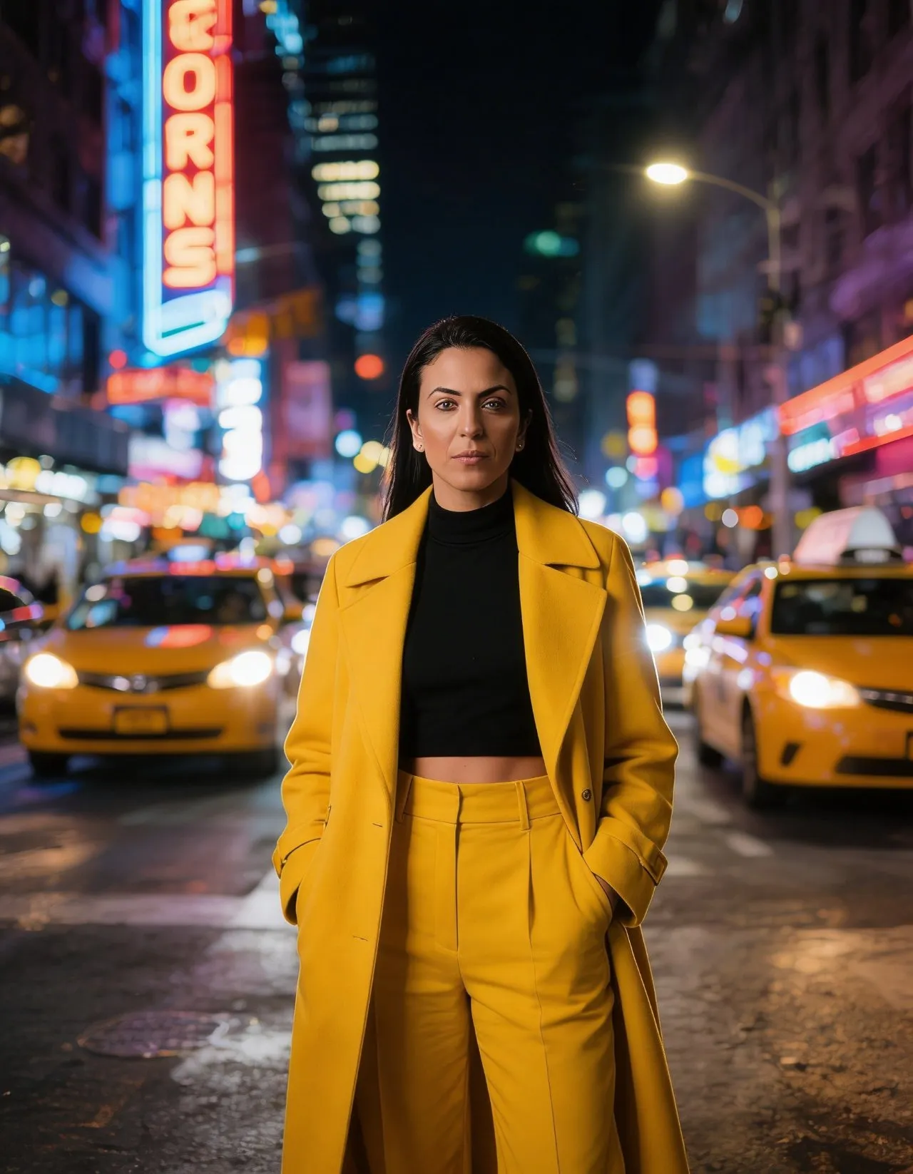 Cinematic Neon Street Fashion Portrait with Bold Yellow Coat - Imagem 1
