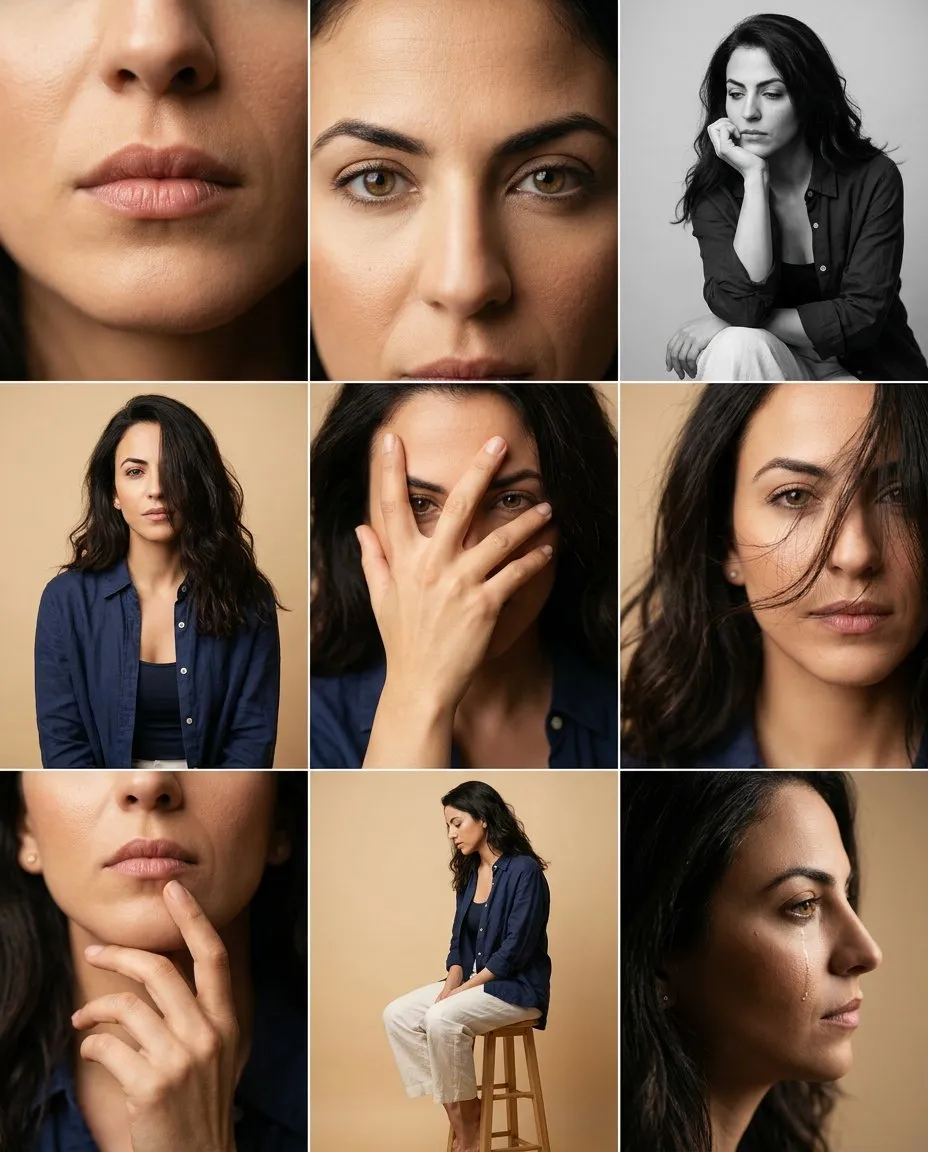 Cinematic 3x3 Fine-Edit Portrait Grid in Soft Beige Studio