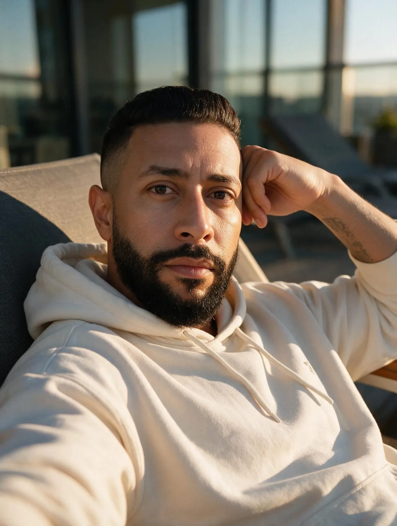 Intimate Golden-Hour Male Selfie Portrait, Casual-Luxury Editorial