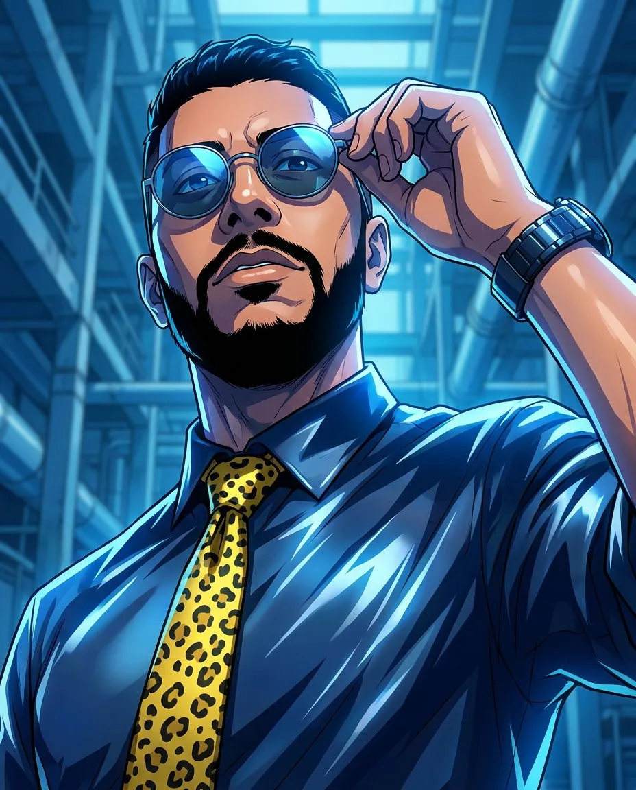 Dynamic Low-Angle Anime Male Portrait, Neon Blue Cinematic Style
