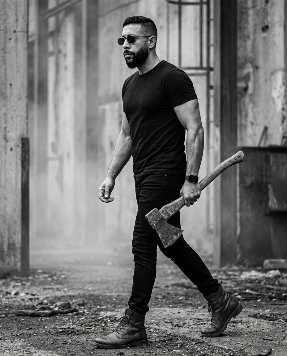 Cinematic Black-and-White Portrait of a Muscular Bearded Man