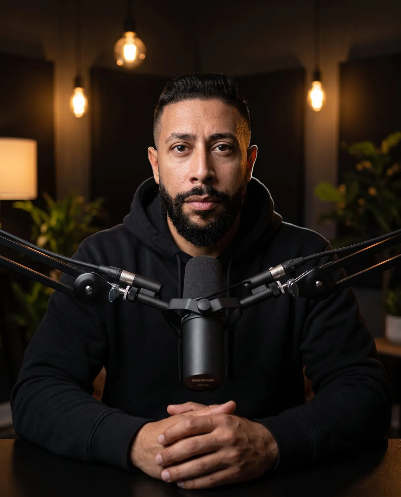 Ultra-Realistic Podcast Studio Portrait, Cinematic Editorial