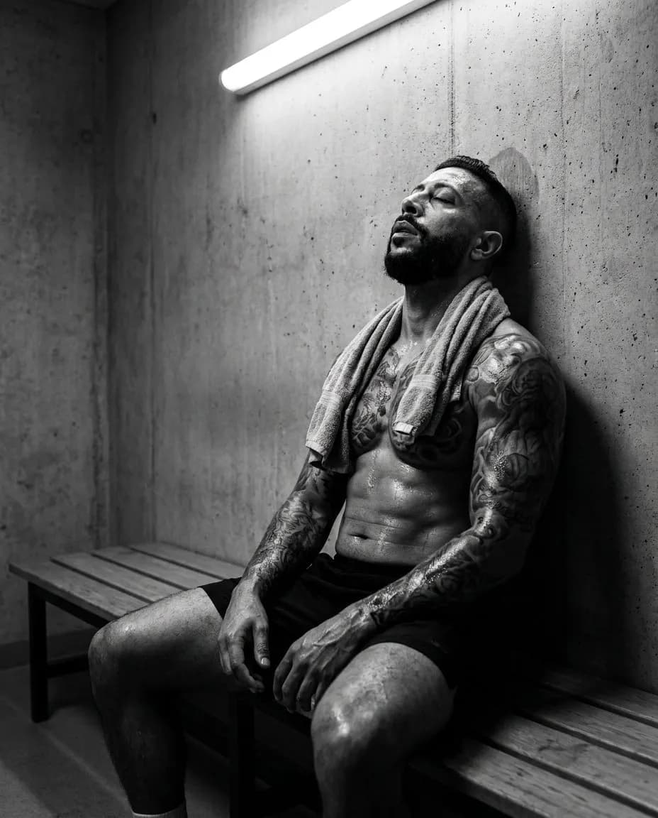 Cinematic Black-and-White Gym Portrait of Exhausted Tattooed Athlete