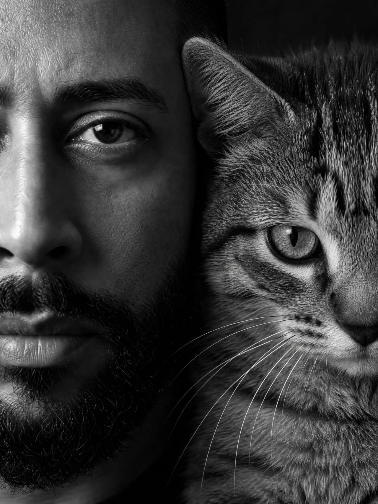 Intimate Monochrome Split-Face Editorial Portrait with Cat