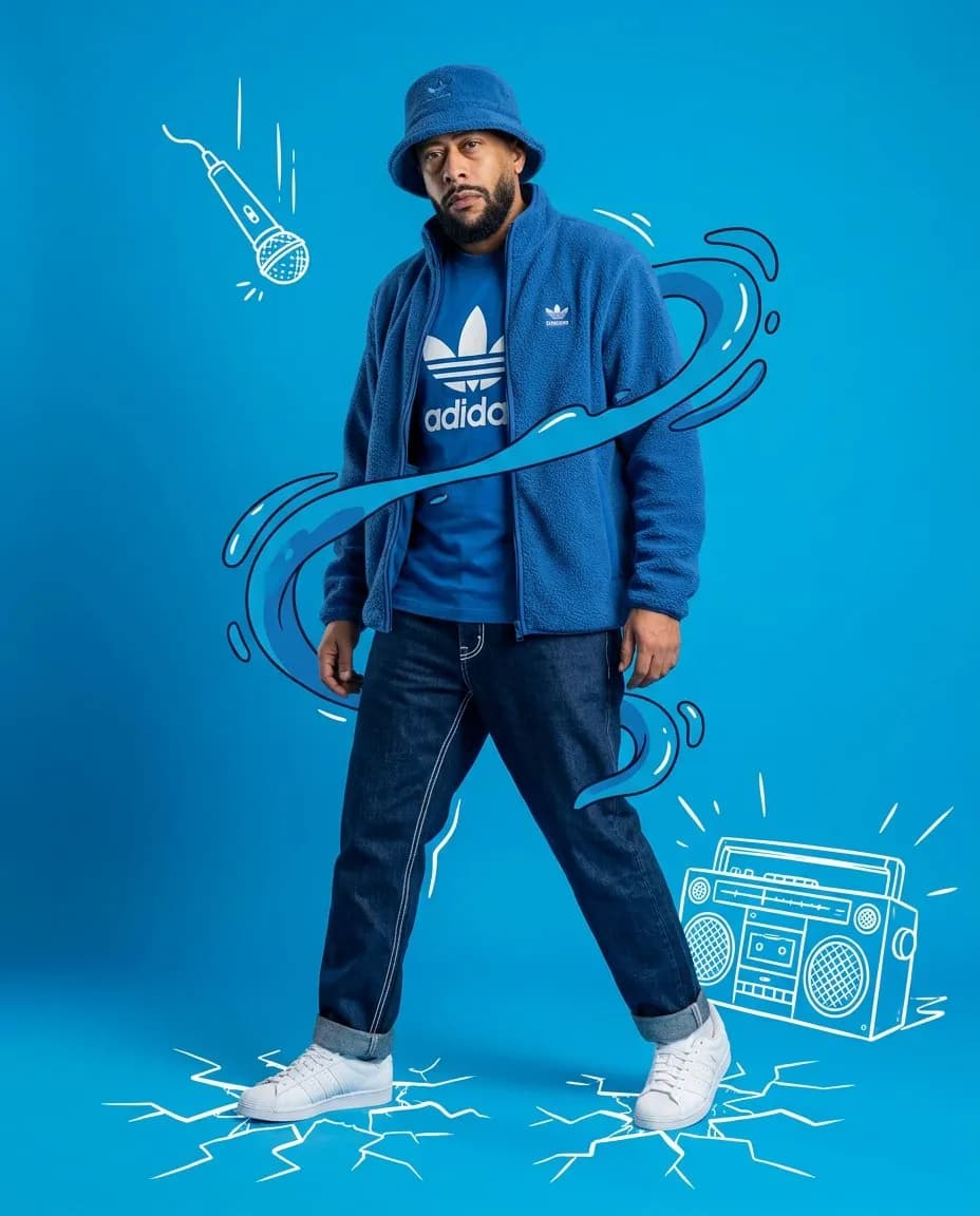 Full-Body Urban Streetwear Portrait with Graphic Vector Overlay - Imagem 1