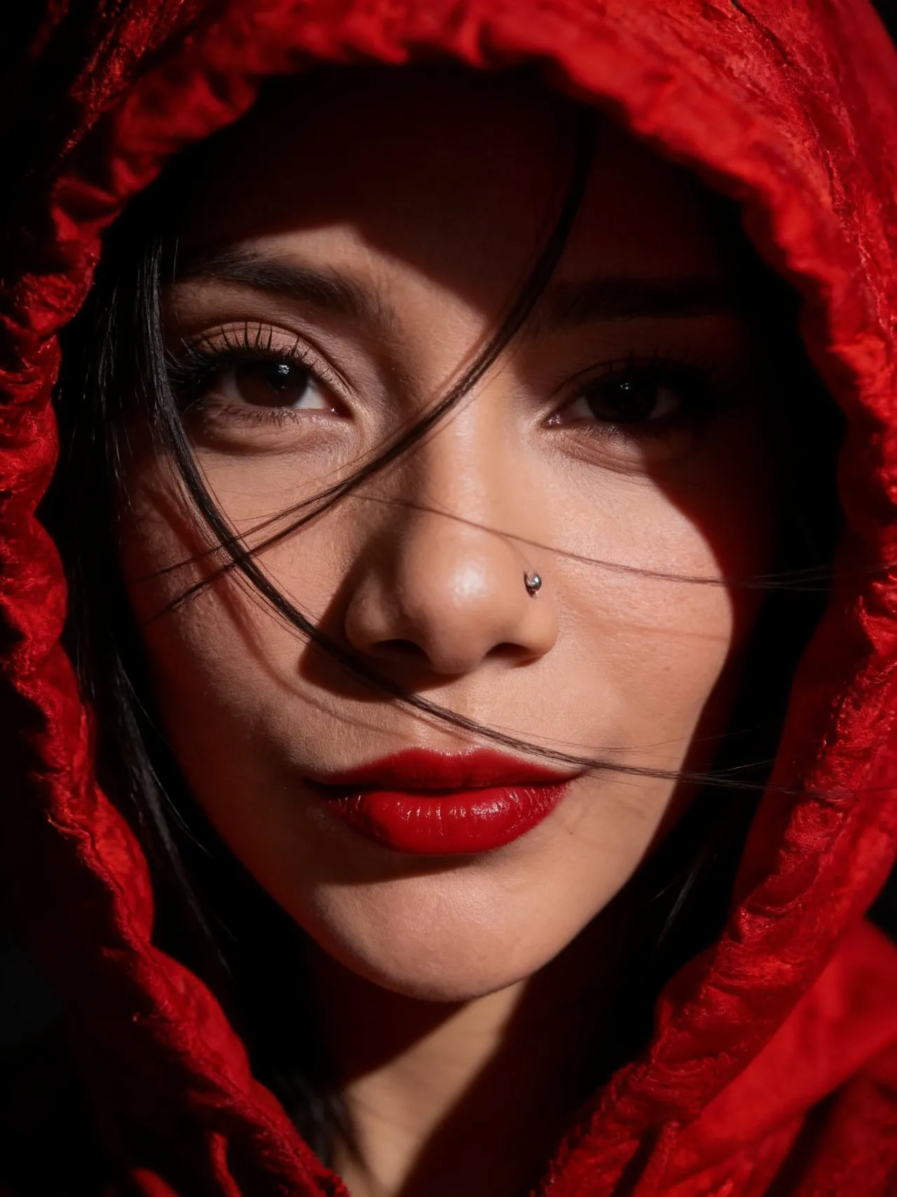 Dramatic Red-Hooded Fashion Portrait, Cinematic Close-Up
