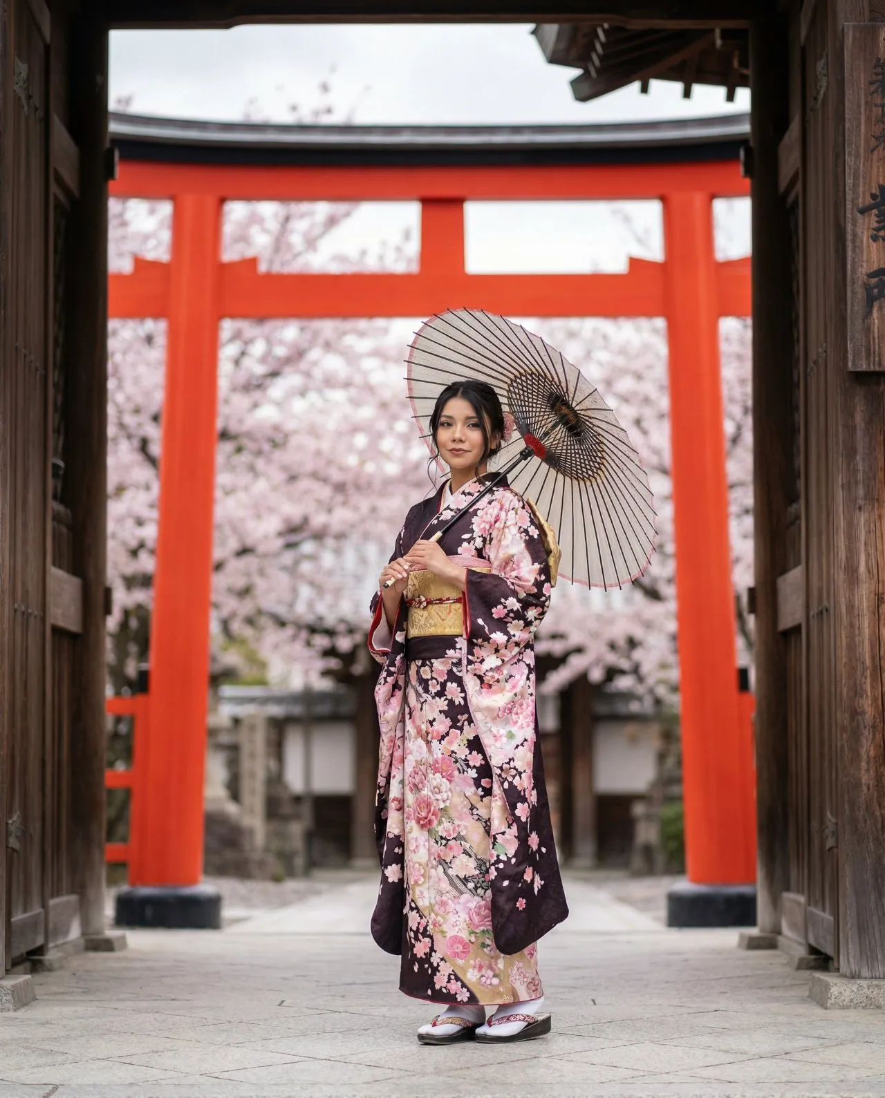 Photoreal Travel Portrait at Kyoto Temple in Floral Kimono - Imagem 1