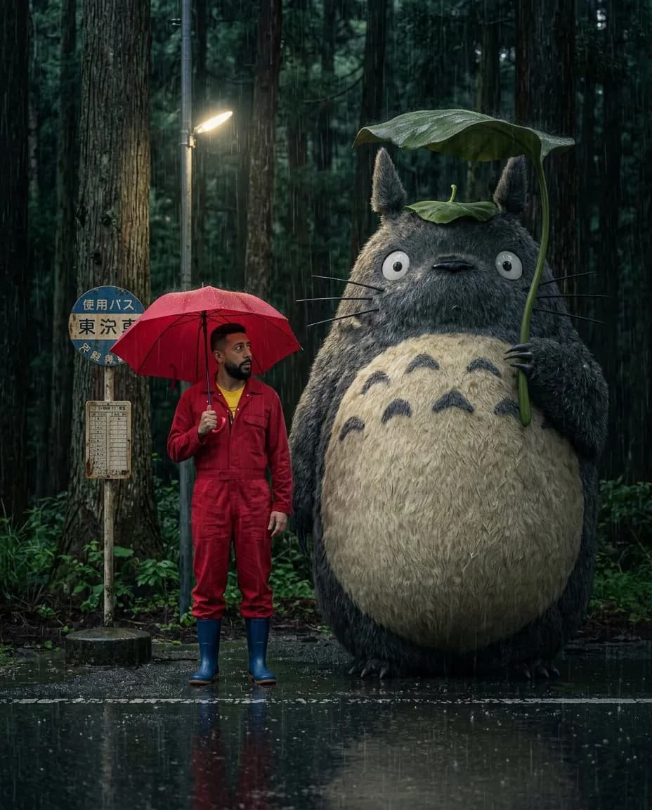 Cinematic Rainy Night Bus Stop Photography, Photorealistic Wide Shot 8K
