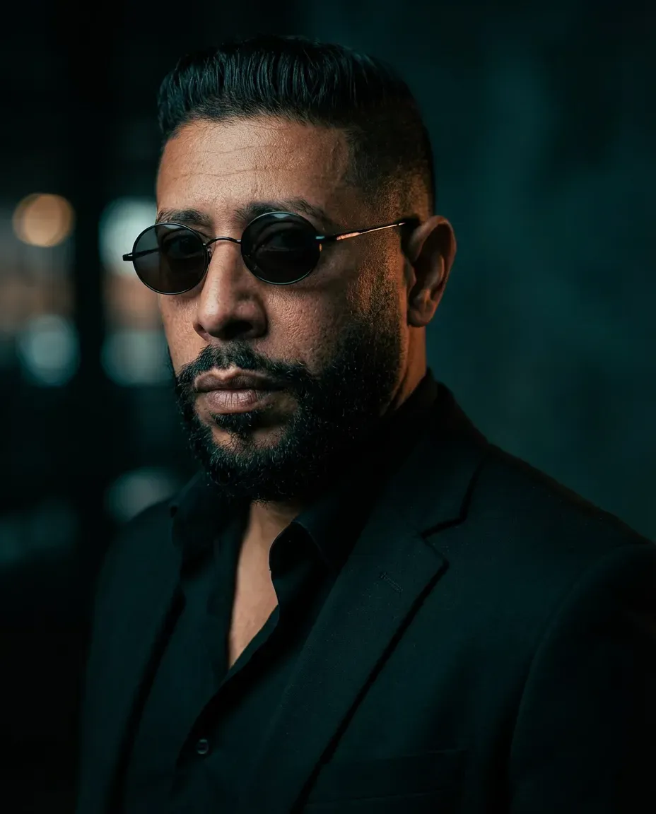 Cinematic Portrait of Rugged Man with Film Noir Aesthetic