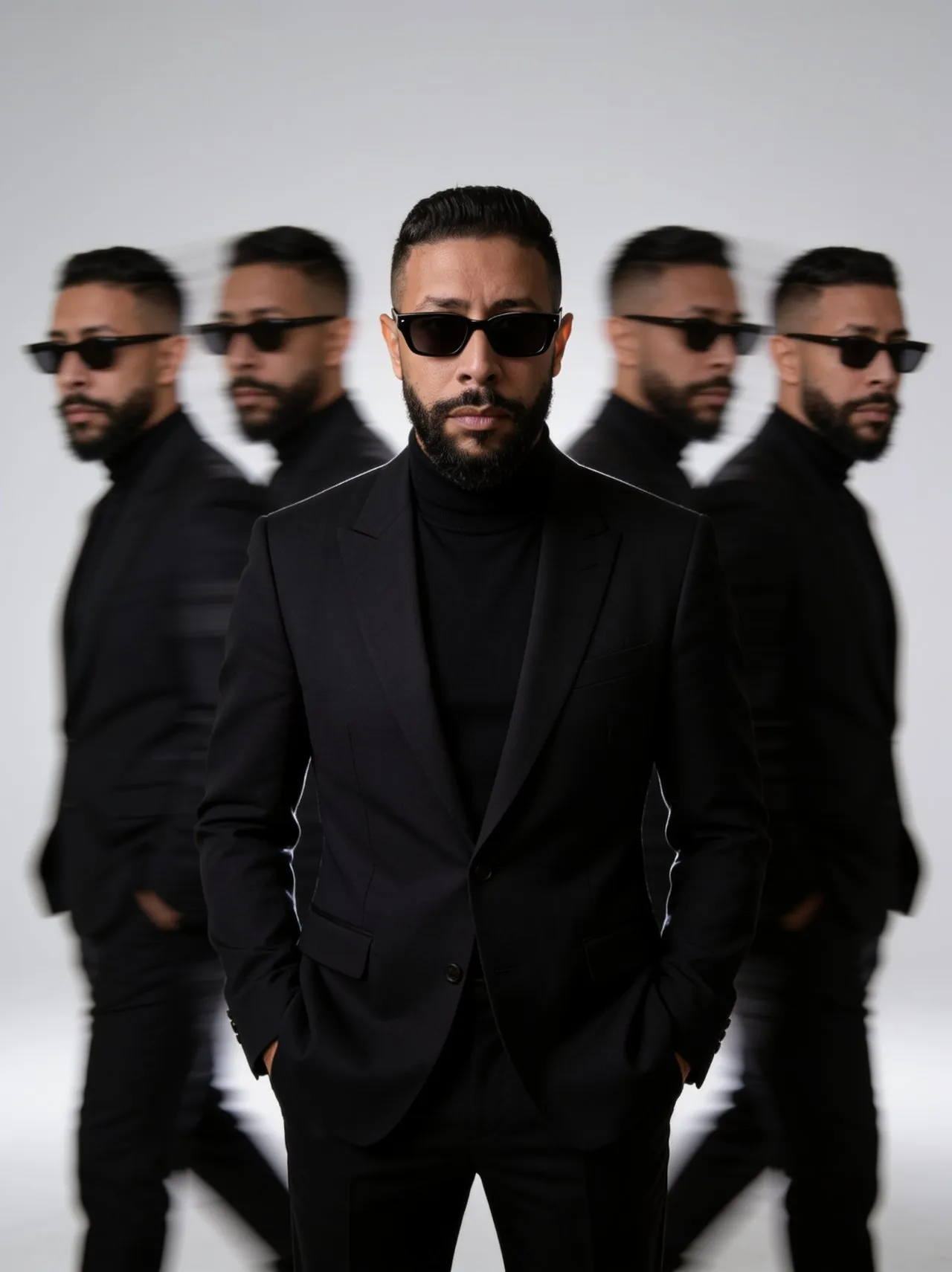 Cinematic Editorial Studio Portrait with Motion-Blur Duplicates