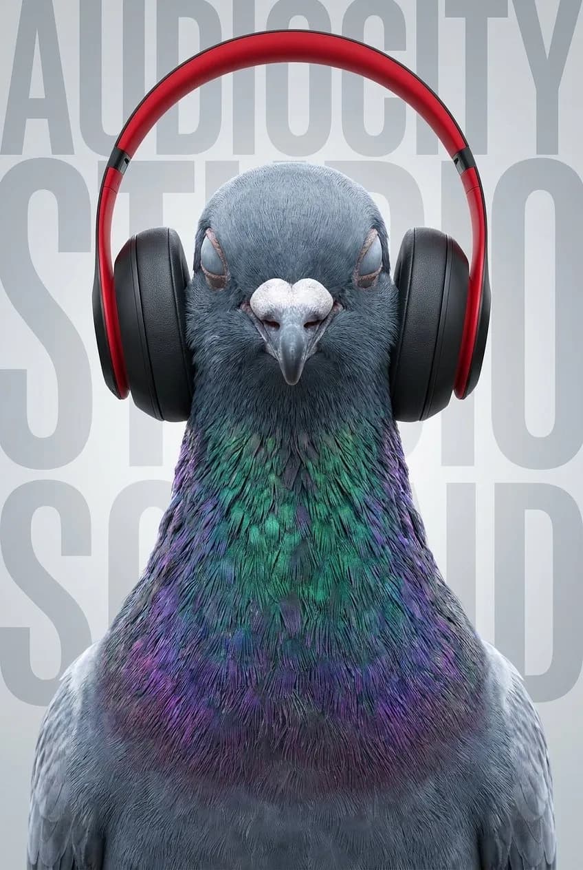 Hyper-Realistic Pigeon with Headphones — Luxury Advertising Poster
