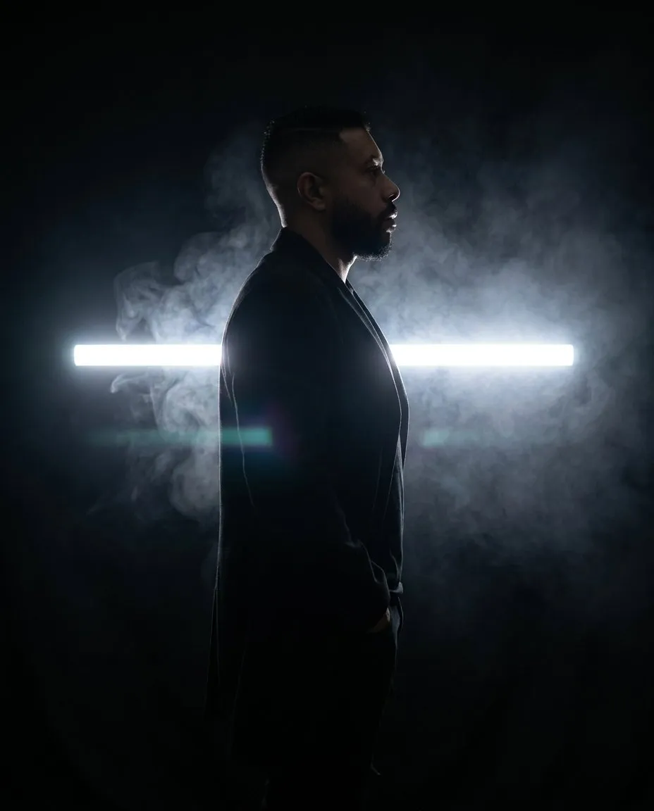 Cinematic Low-Key Full-Body Profile Portrait, High-Contrast