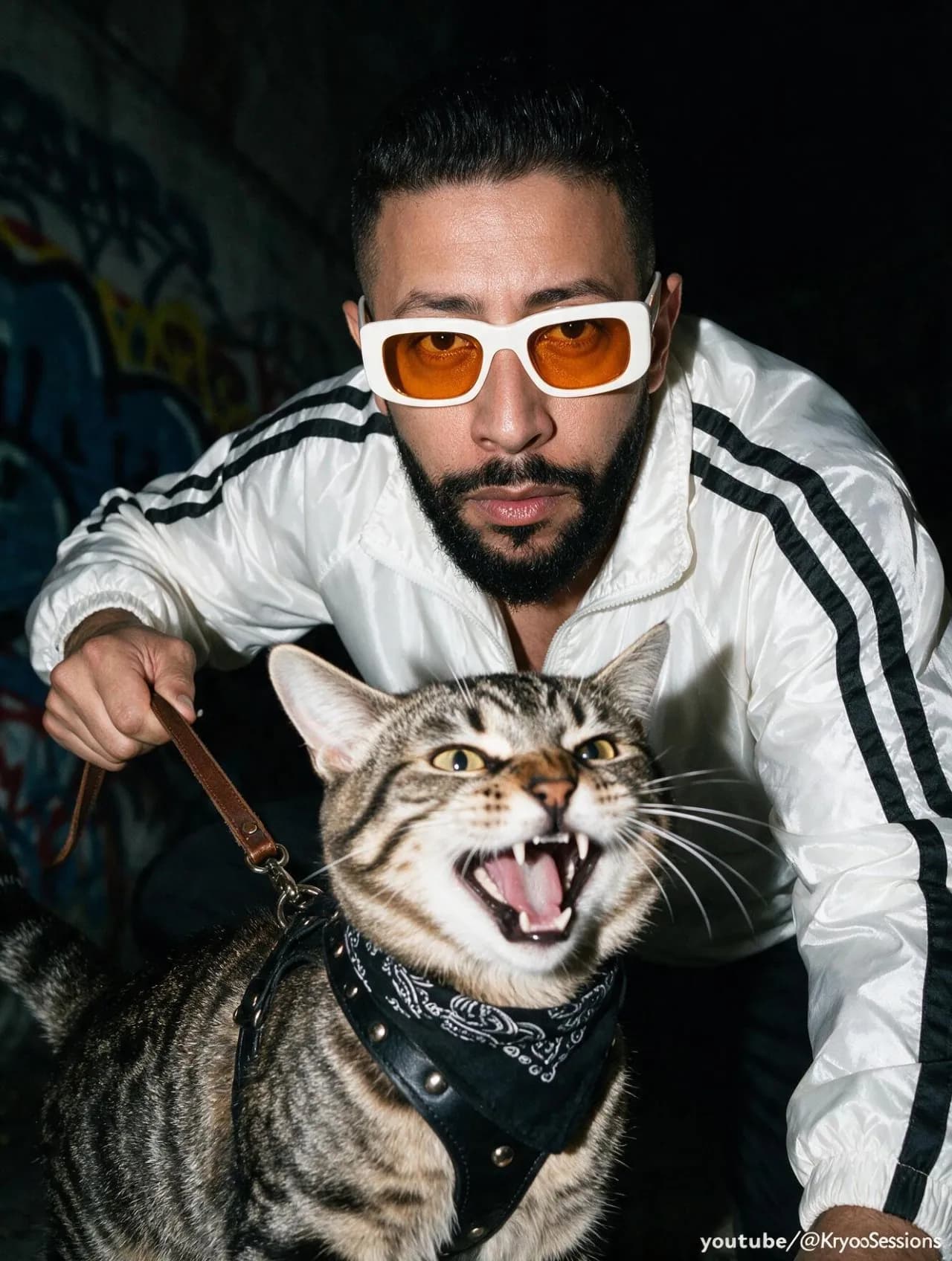 Paparazzi Flash Street Portrait - Gritty Night with Tabby Cat