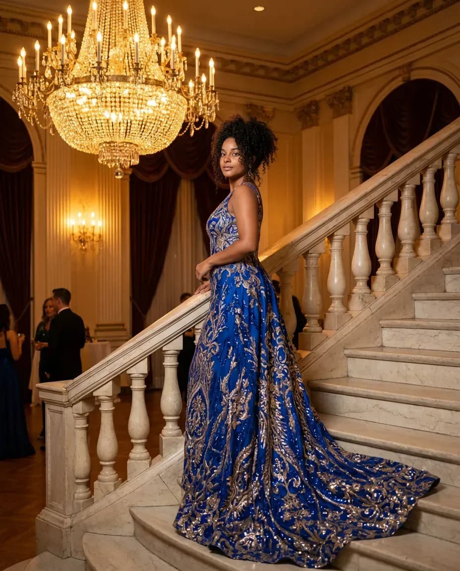 Cinematic Gala High-Fashion Portrait with Warm Chandelier Lighting