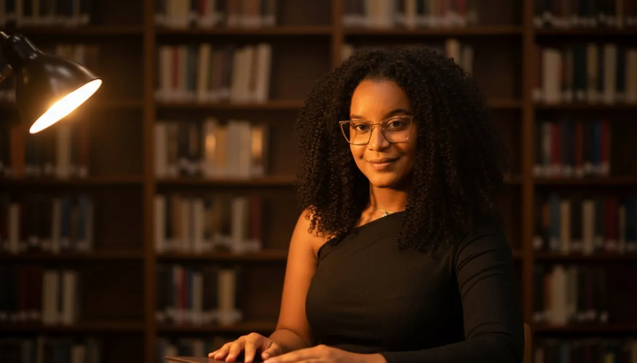Warm Library Portrait Photography with 50mm Incandescent Lamp - Imagem 1