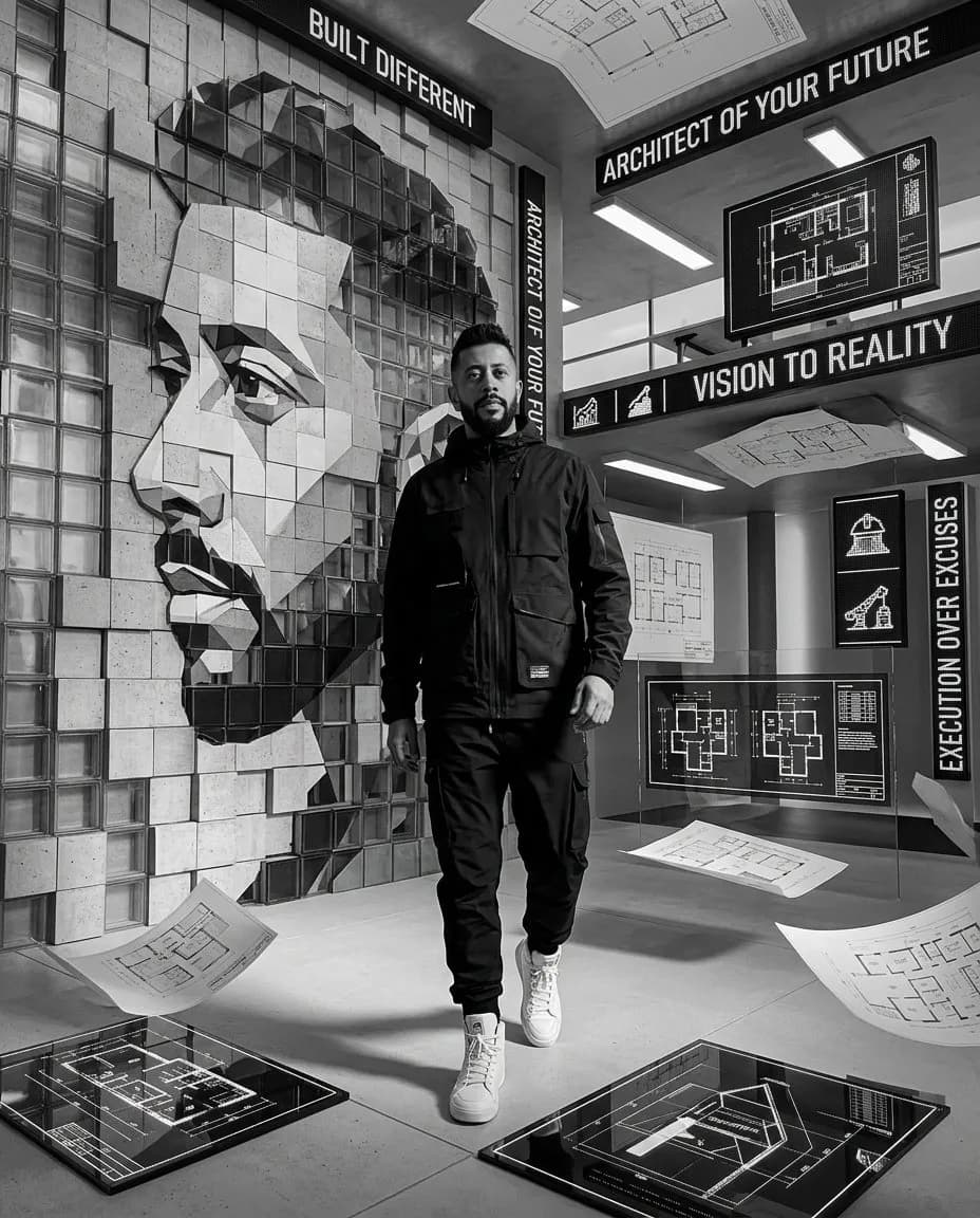 Futuristic Monochrome Editorial Portrait with Minimalist Streetwear