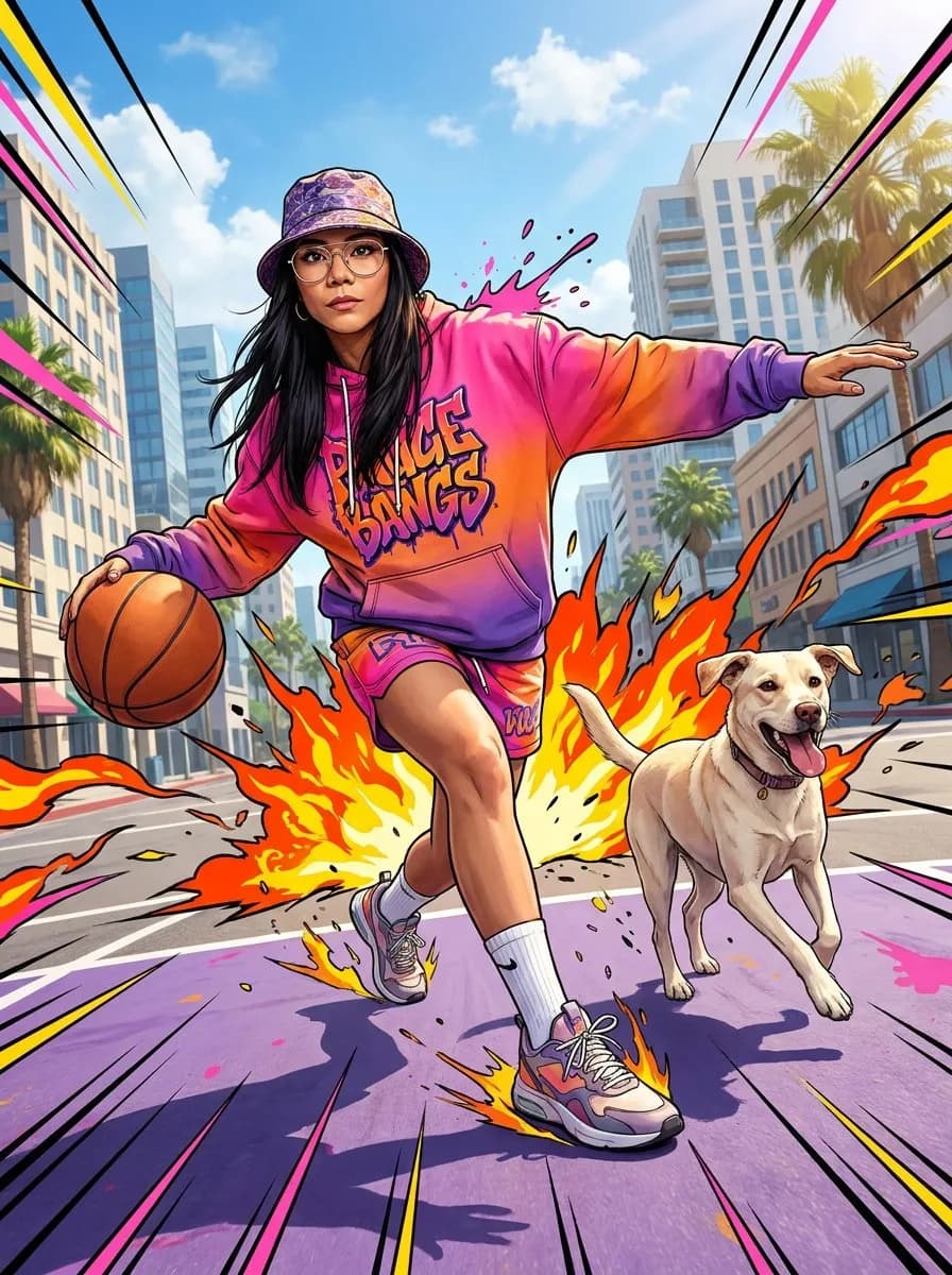 Dynamic Urban Action Scene with Young Athlete and Dog