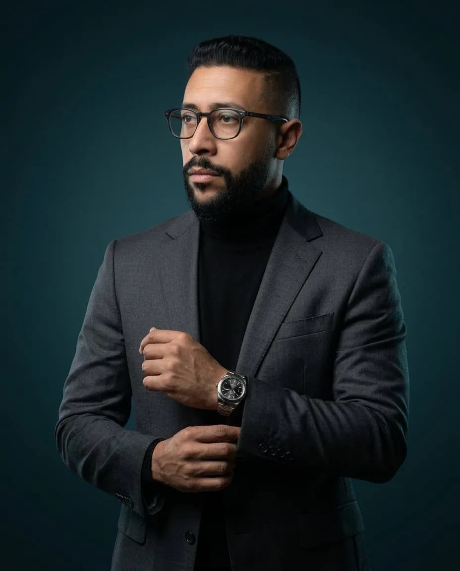 Executive Cinematic Studio Portrait with Teal Gradient Backdrop