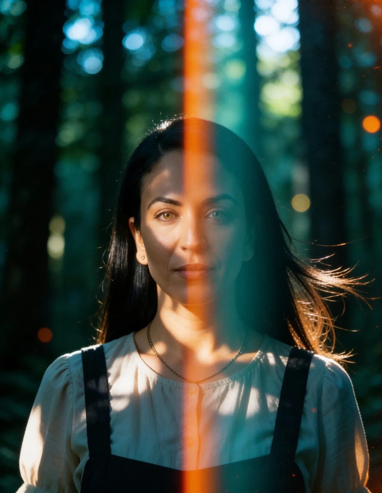 Cinematic Teal-and-Orange Forest Portrait with Analog Film Grain