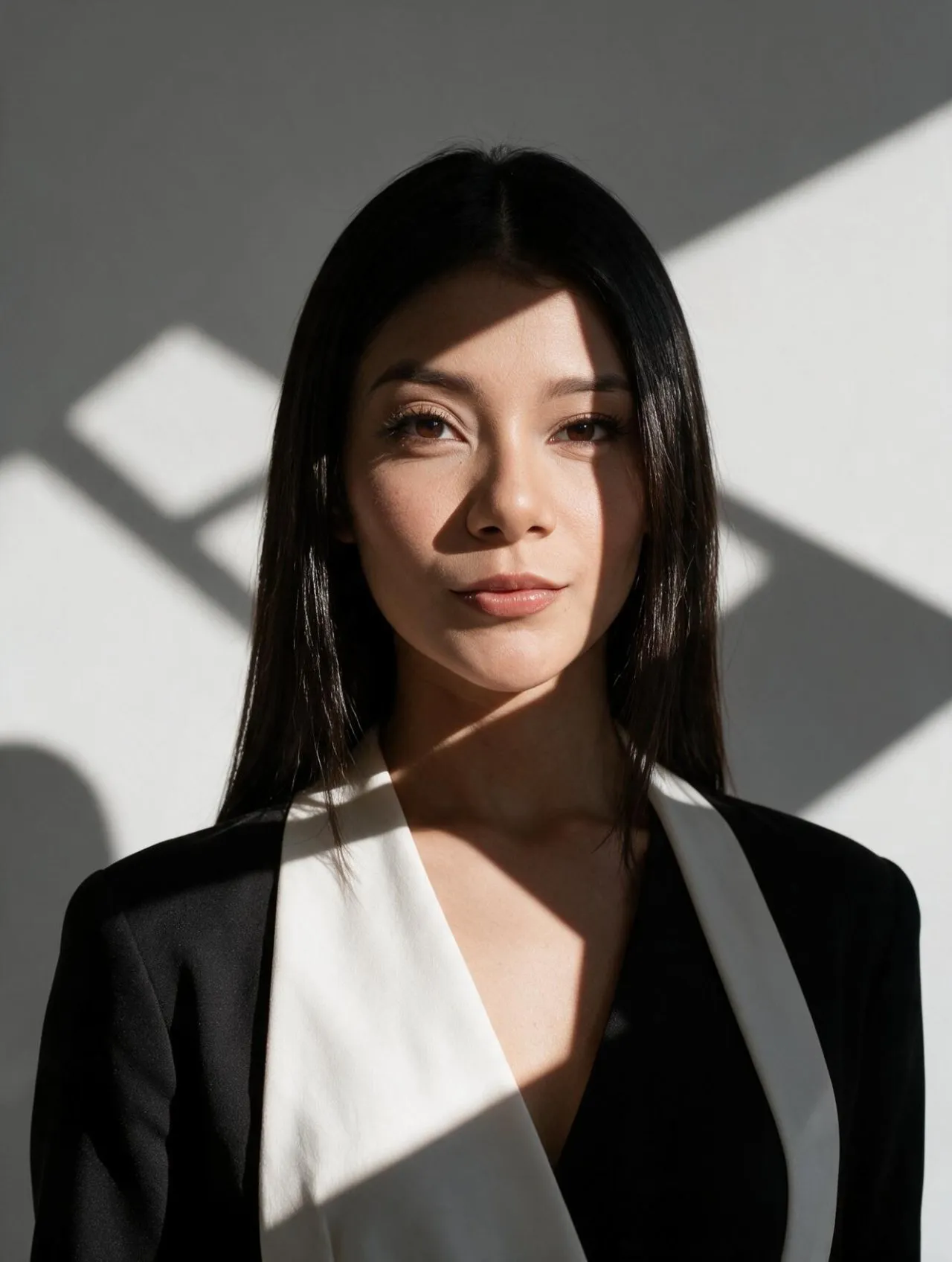 High-End Realistic Editorial Portrait with Geometric Shadow Cuts
