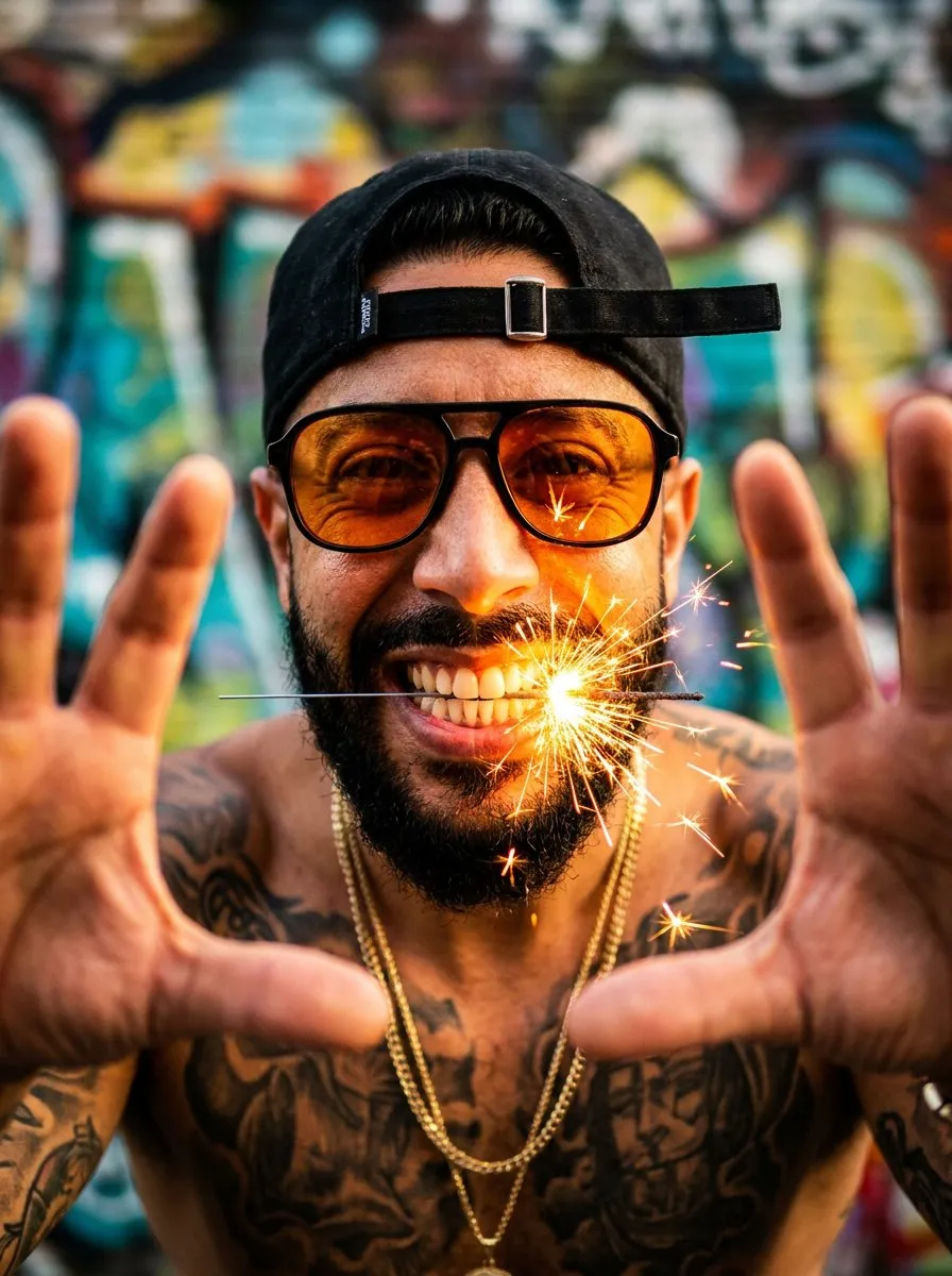 Aggressive Wide-Angle Photorealistic Sparkler Street Portrait