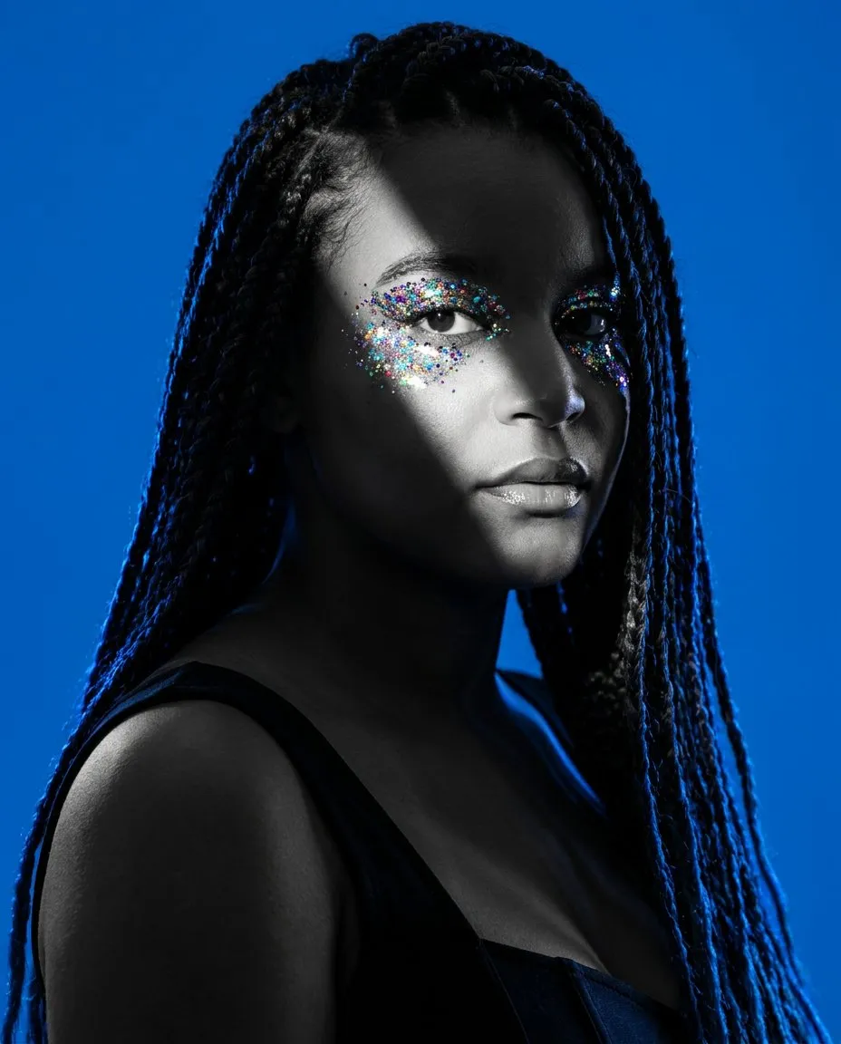 High-Contrast Black-and-White Cinematic Portrait with Iridescent Glitter