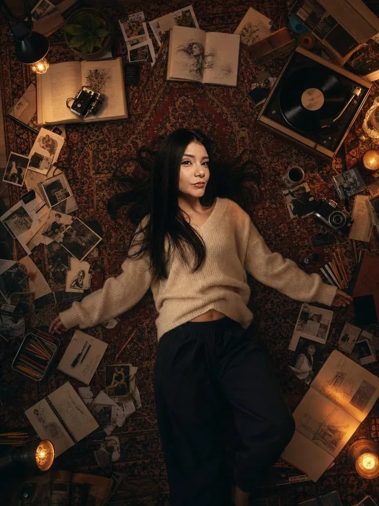 Cinematic Top-Down Portrait on Vintage Persian Rug, Nostalgic Mood