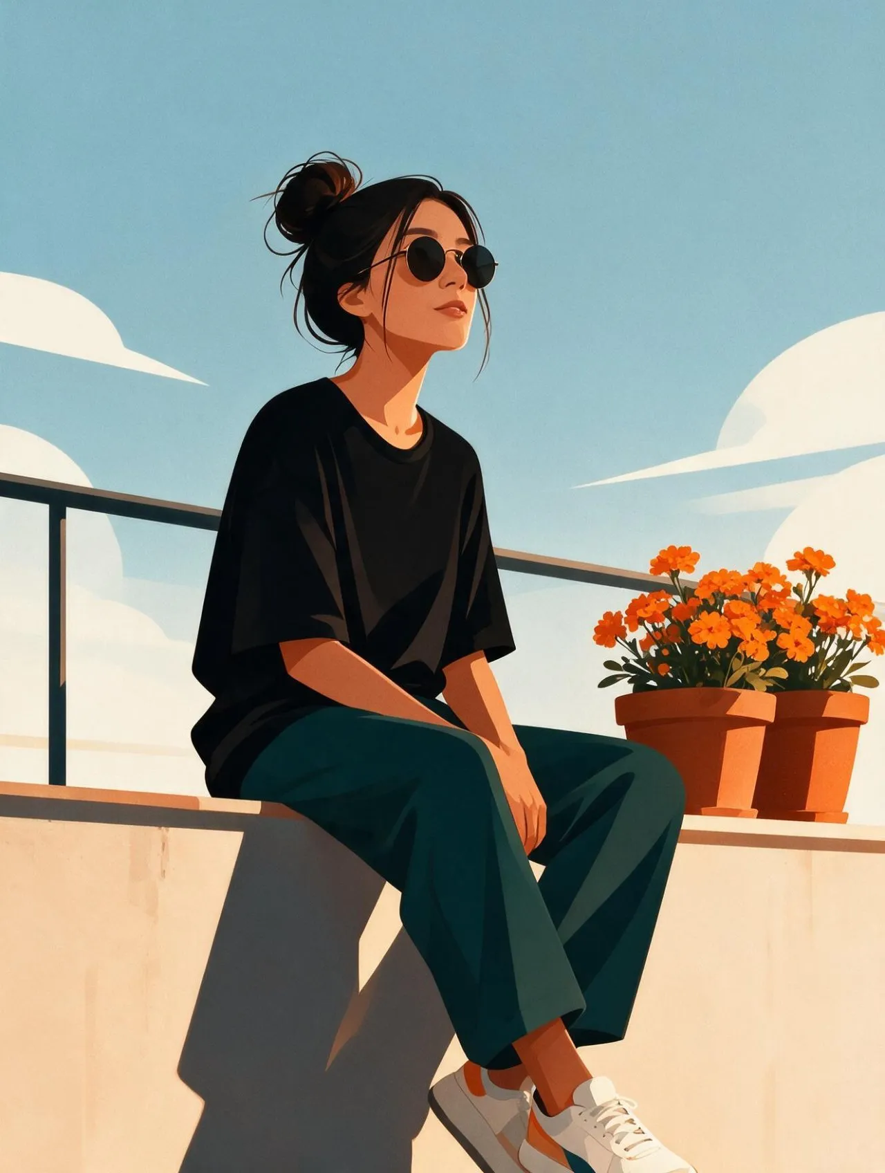 Minimalist Flat-Color Balcony Illustration with Golden Light