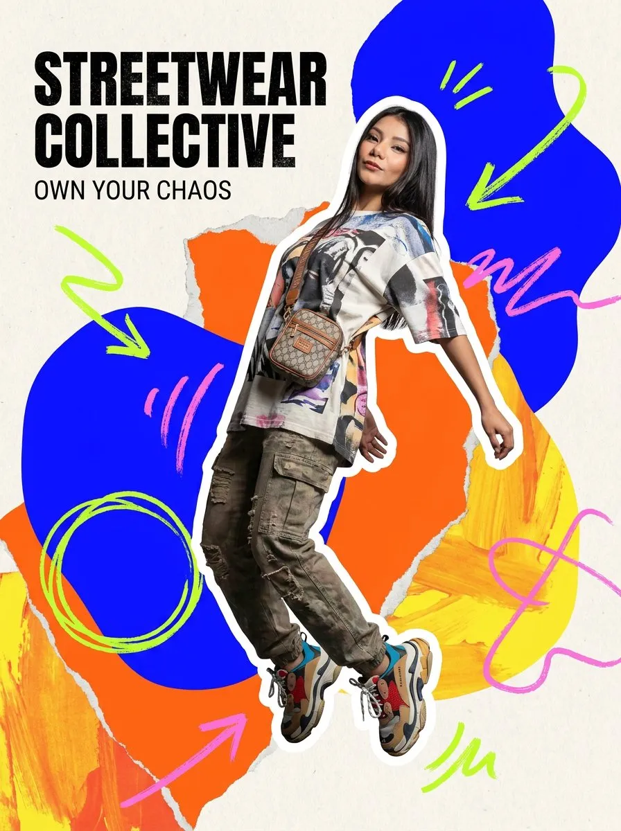 Dynamic Streetwear Digital Collage Portrait for Instagram