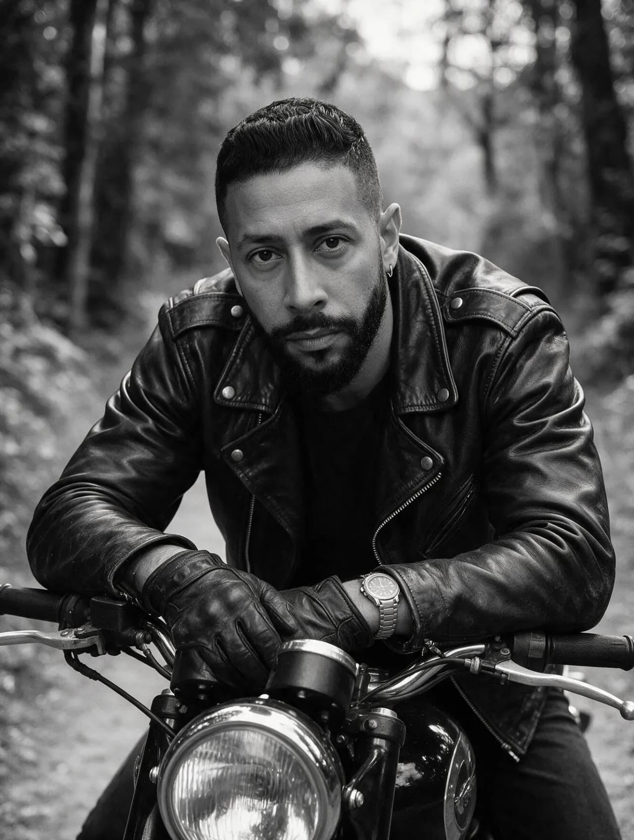 Cinematic Black-and-White Motorcycle Portrait, Ultra-Realistic Editorial